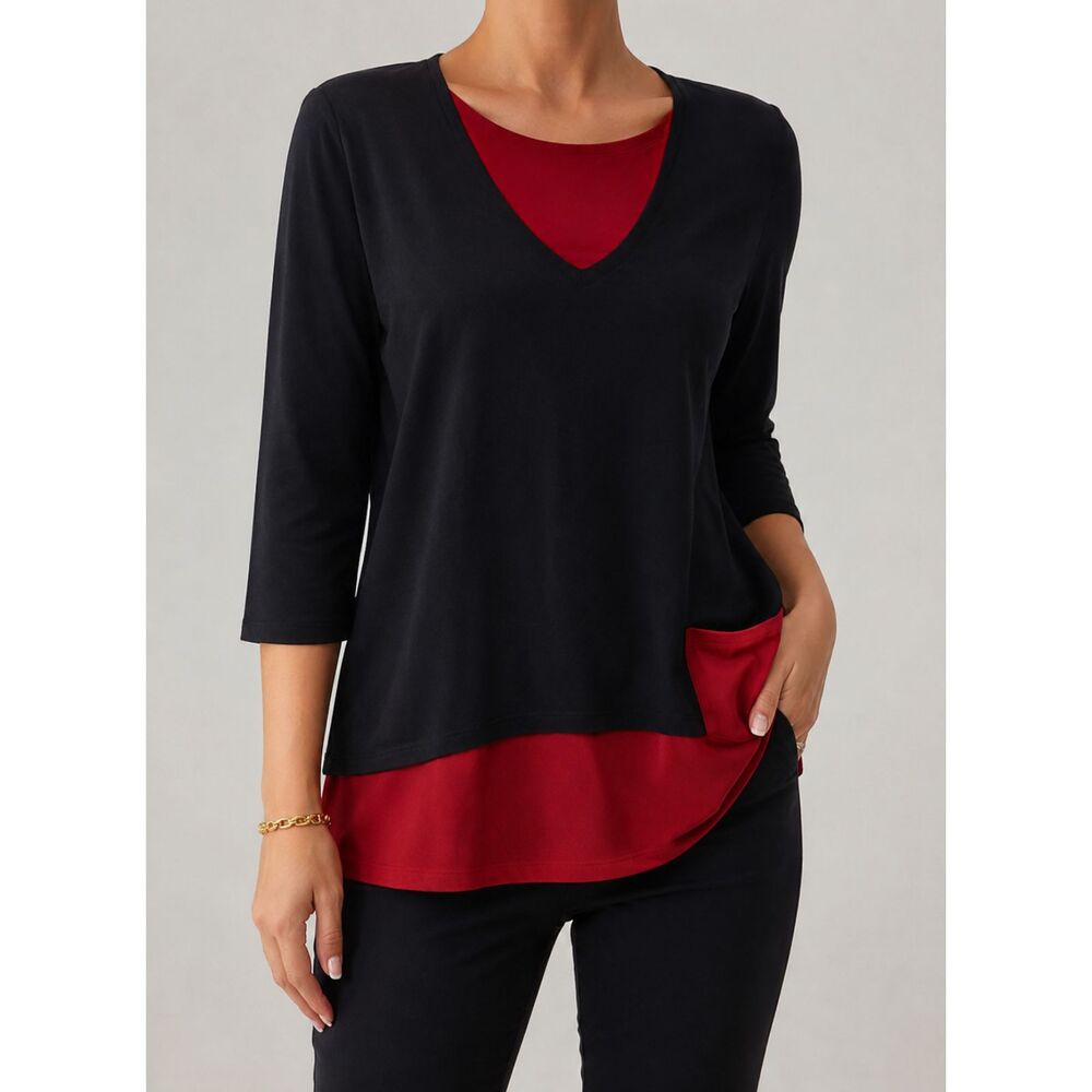 Reversible Red Black Color Block Tunic Blouse Women’s Pocket Top